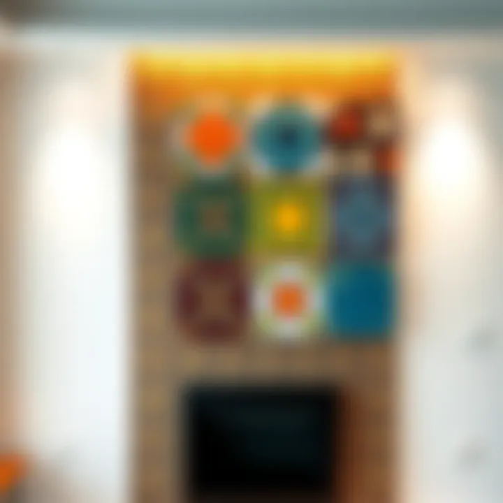 Eight colorful tiles arranged in a stylish pattern on a high wall, showcasing innovative interior design.