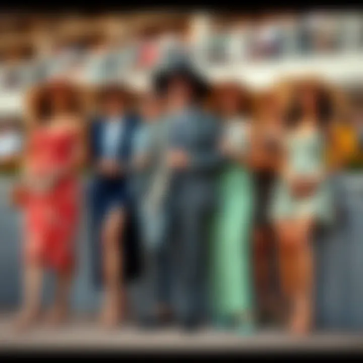 A group of people dressed elegantly for the Del Mar Races, showcasing different styles for grandstand and box seats, with a focus on appropriate footwear.