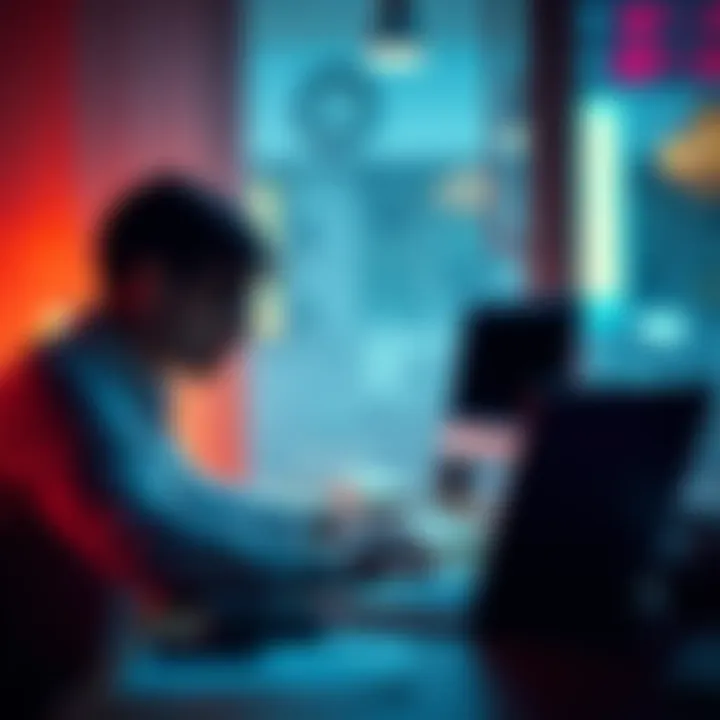 A person sitting at a desk, focused on a laptop, deleting a bank account to combat gambling addiction.