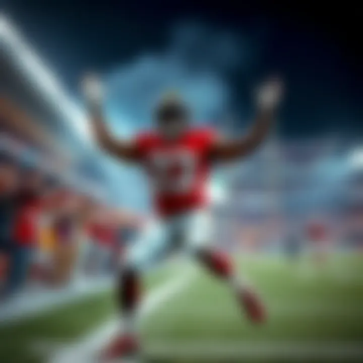 Demarcus celebrating a touchdown in the endzone with fans cheering, showing excitement and energy