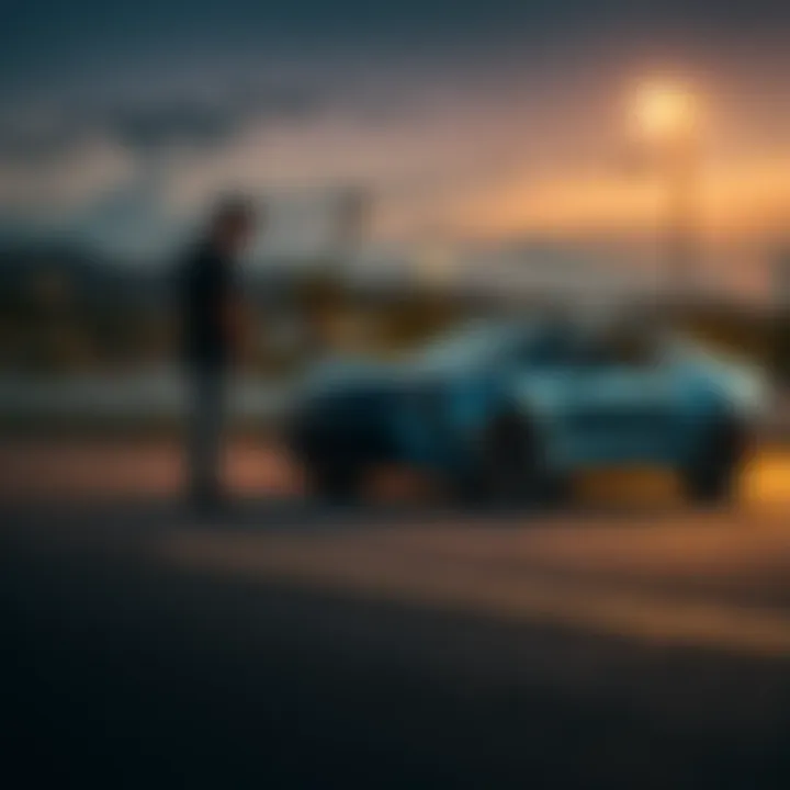 Dented Car in Parking Lot A frustrated car owner stands next to a dented vehicle in a parking lot, contemplating revenge against their opponent.