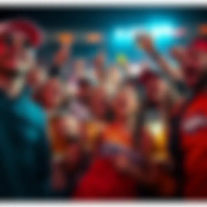 Denver Fans Celebrate Together Cheering Denver fans wearing team colors, holding drinks and enjoying the night, showing excitement and support for their team.