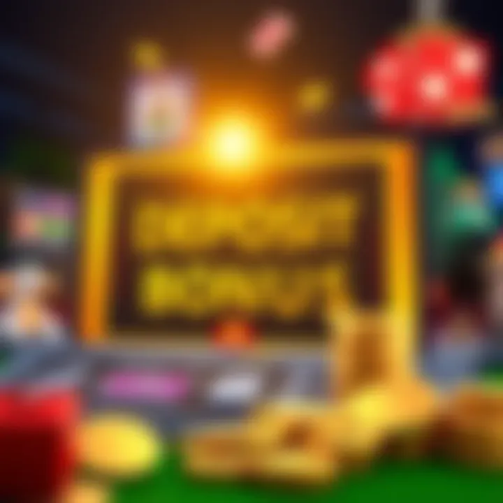 A graphic showing a gaming screen with a deposit bonus symbol and coins, illustrating the concept of bonuses in gaming.