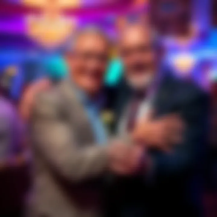 Derek Thompson and Matthew Jones share a warm embrace at a retirement evening in Wolverhampton, celebrating their long friendship.