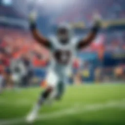 Derrick Henry celebrating after scoring a touchdown on the field, with fans cheering in the background.