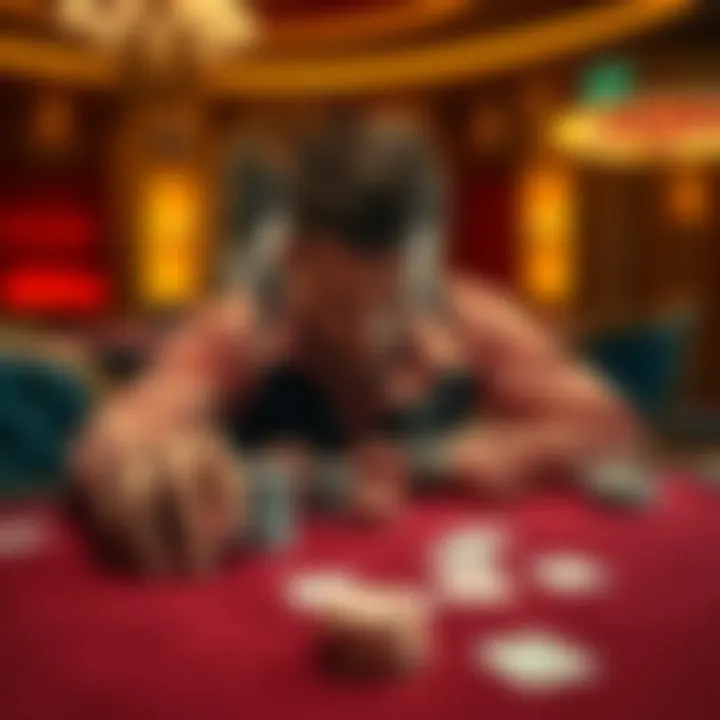 A person sitting at a Baccarat table with a distressed expression, surrounded by playing cards and chips after losing a large amount.