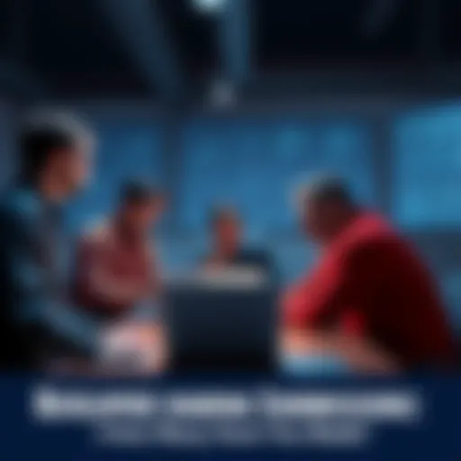 Group of developers discussing their code submissions with laptops and charts in the background