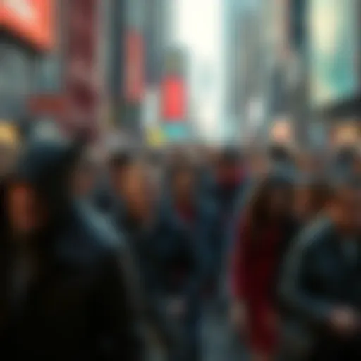A crowd of diverse people, some with unsettling expressions, walking in a modern city, symbolizing the phrase about devils in today's society.