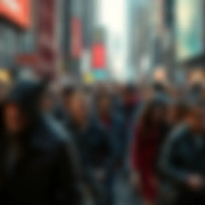 A crowd of diverse people, some with unsettling expressions, walking in a modern city, symbolizing the phrase about devils in today's society.