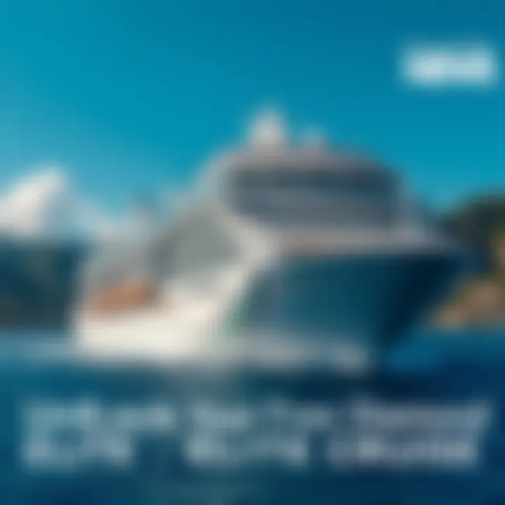 A luxury cruise ship sailing in clear blue waters with scenic destinations in the background.