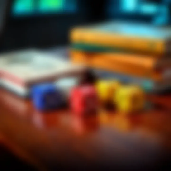 Dice on a table with college textbooks A set of colorful dice on a wooden table next to college textbooks, symbolizing funding education through gaming