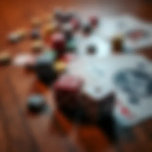 A close-up of colorful dice and playing cards scattered on a wooden table, representing luck and chance in gambling.