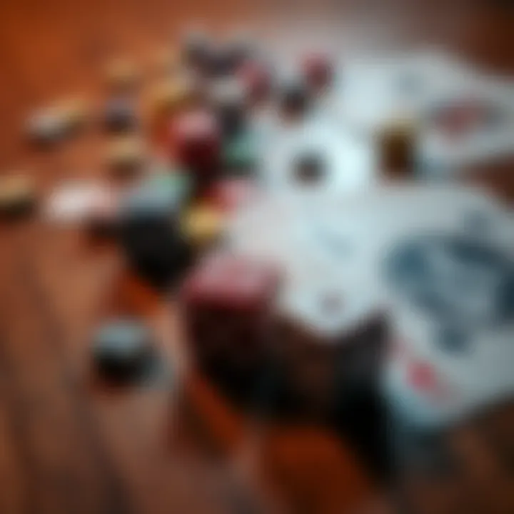 A close-up of colorful dice and playing cards scattered on a wooden table, representing luck and chance in gambling.