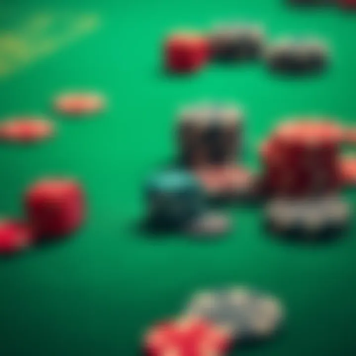 A close-up of colorful dice and poker chips placed on a green casino table, ready for high-stakes betting.