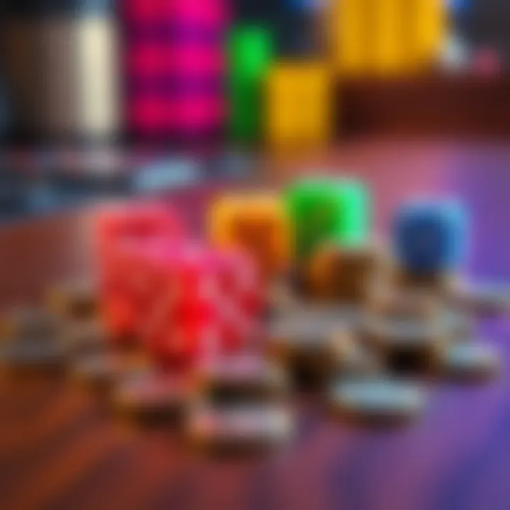 A close-up of colorful dice and coins spread on a wooden table, representing deposits for dice games.