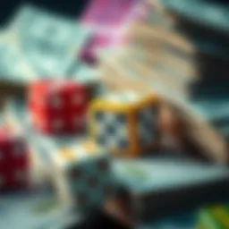 A close-up of colorful dice and stacks of cash representing betting and wagering