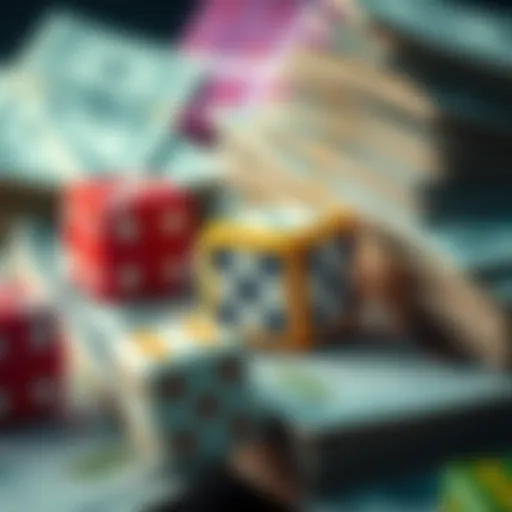 A close-up of colorful dice and stacks of cash representing betting and wagering