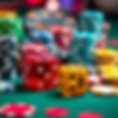 Dice and betting chips A close-up of colorful dice and betting chips on a poker table, suggesting betting options