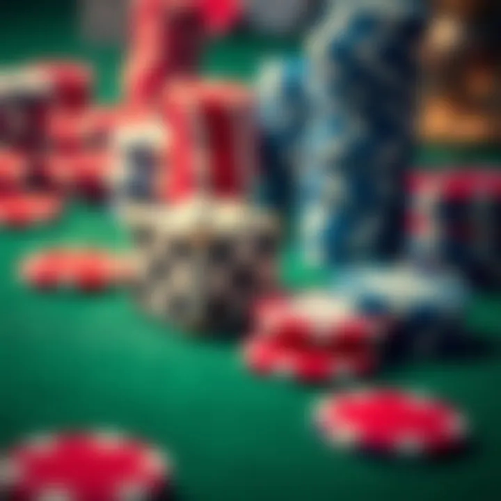Dice and betting chips on a table Close-up of a dice and colorful betting chips placed on a green felt table, representing a gambling scenario