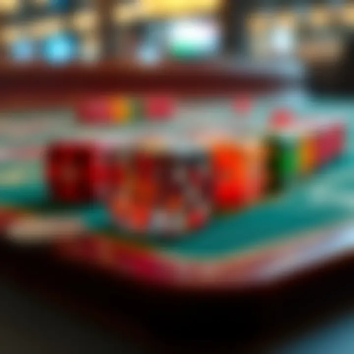 Dice on a betting table A close-up of colorful dice on a betting table, symbolizing a gambling strategy gone wrong.