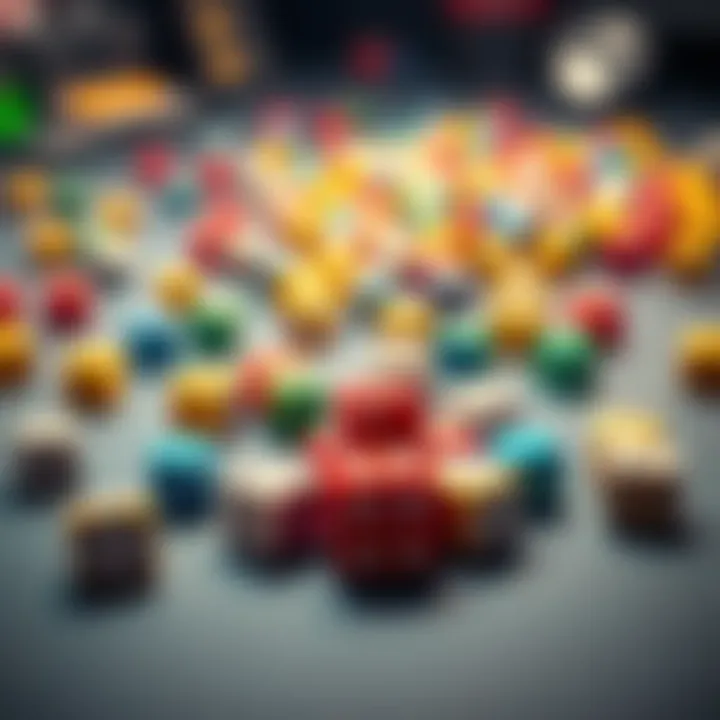 Dice on a table A close-up of colorful dice scattered on a table, symbolizing chance and guessing in gaming culture.