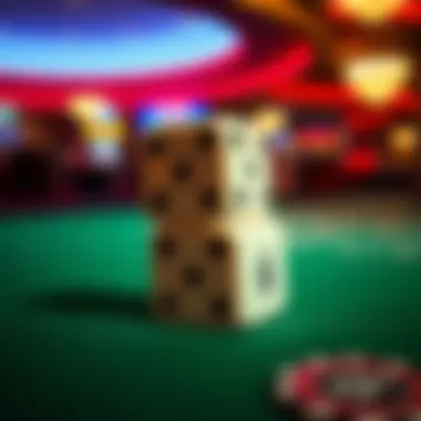 Dice stacked on a casino table Two dice stacked on top of each other, one showing five and the other showing six, on a casino table at Horseshoe Tunica