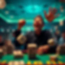 A player celebrating a big win at a dice game, showing excitement with rolled dice and stacks of cash around them.