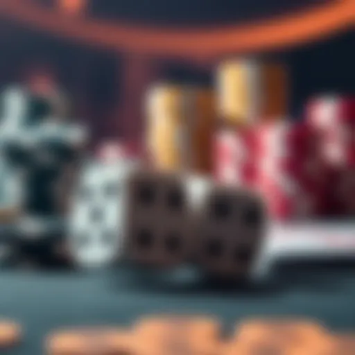 A close-up of a pair of dice on a gaming table, with a blurred background of gaming chips and cards, representing a dice wagering strategy.
