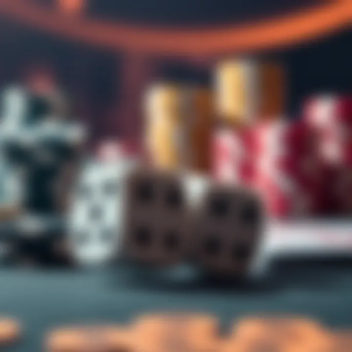A close-up of a pair of dice on a gaming table, with a blurred background of gaming chips and cards, representing a dice wagering strategy.