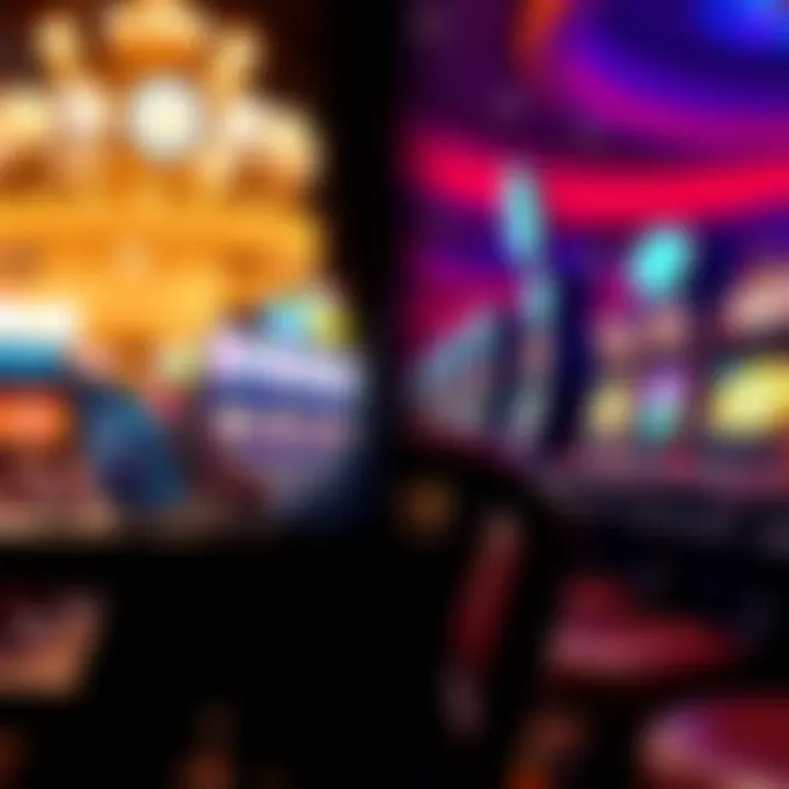 A split image showing a person playing at a digital casino on a laptop alongside a person at a traditional casino with slot machines.