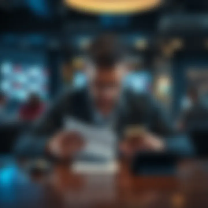 A frustrated bettor sitting at a table with a betting slip and a smartphone, showing displeasure over low betting limits.