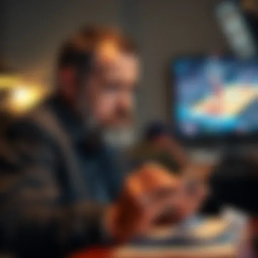 A frustrated sports bettor looking at his smartphone with a concerned expression, surrounded by betting slips and a basketball game on TV in the background.