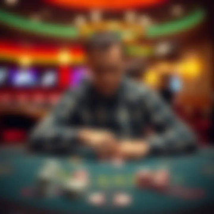 Disappointed gambler at a casino A frustrated player sitting at a blackjack table with empty chips, showing disappointment with the game results at BetOnline casino.