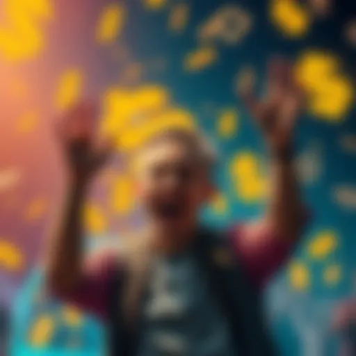 A person celebrating their financial success after joining a Discord group, showing excitement and happiness with dollar signs in the background.