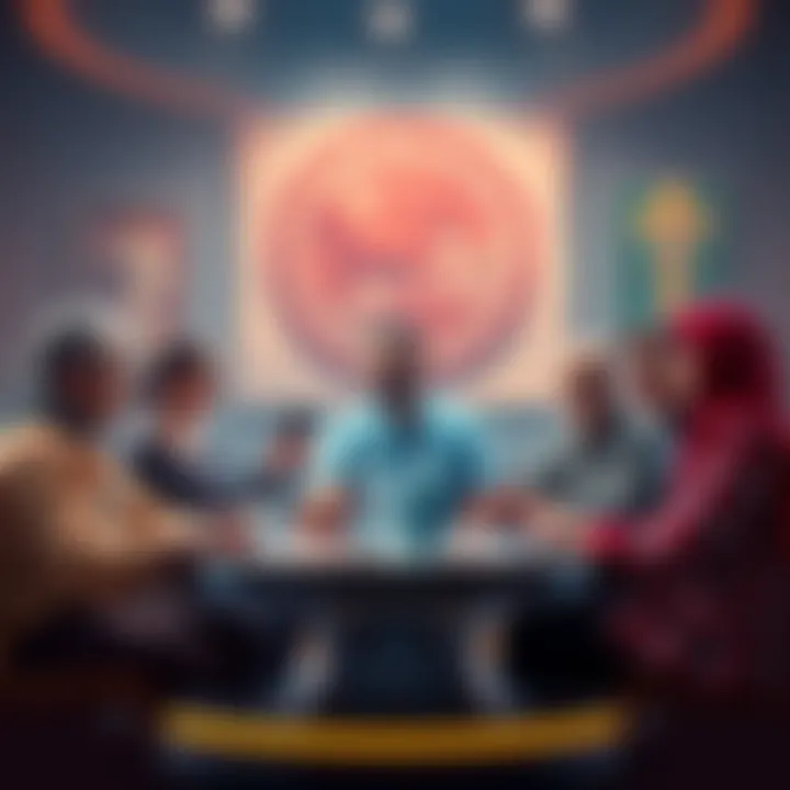 A diverse group of people sitting around a table, sharing their thoughts on the dangers of gambling, with religious symbols in the background