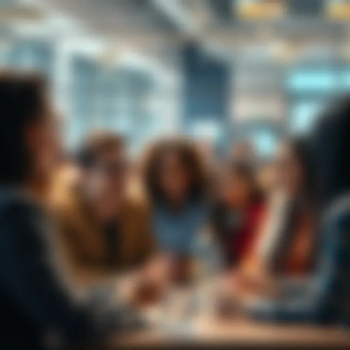 A group of diverse people engaging in conversation, sharing ideas and insights on various topics.