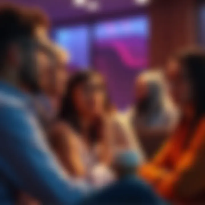 People engaged in a serious discussion with expressions of contemplation about the phrase 'Only higher'.