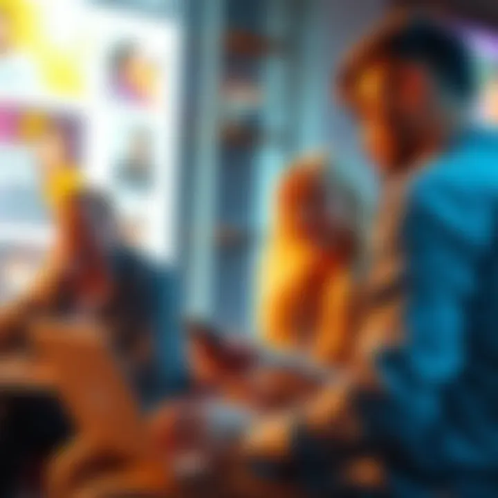 People engaging in conversation about trends on user boards with laptops and smartphones