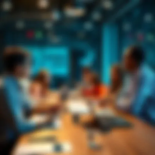 A group of people engaging in a discussion about the points-only format at a table with laptops and notepads.