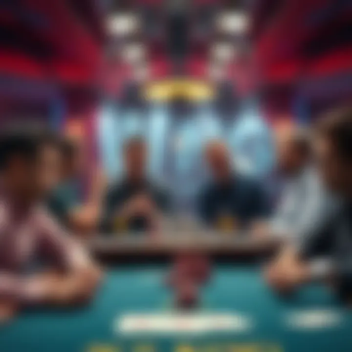 A poker table showing players reacting to an Ace King hand, with some looking disappointed and others excited.