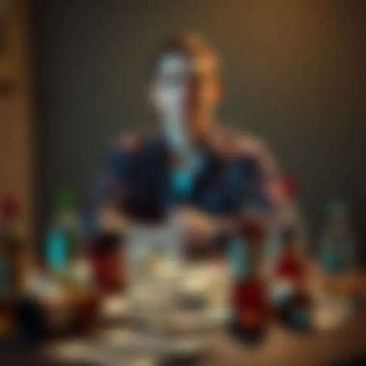 A young man with a worried expression sits alone at a table scattered with bills and empty liquor bottles, symbolizing the struggles from gambling addiction.