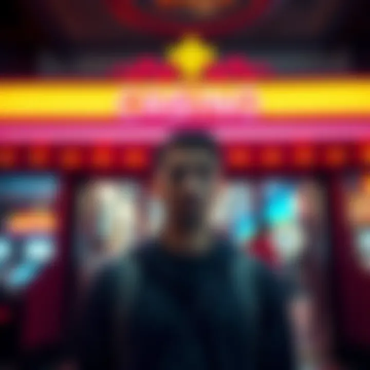 Person looking distressed at a casino entrance A person with a worried expression stands outside a bright casino, showing the struggle of addiction and temptation. Their body language reflects anxiety and conflict.