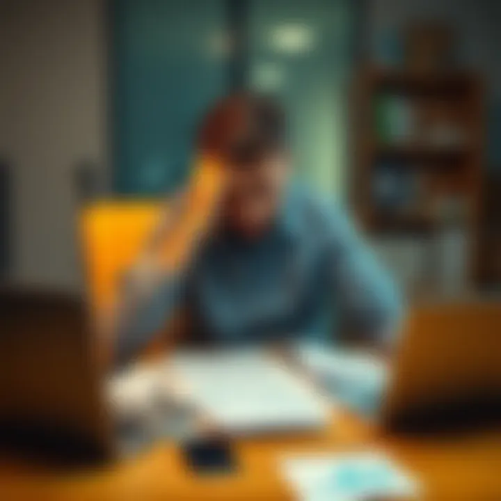 Person looking distressed over financial losses A person sitting at a desk with their head in their hands, surrounded by financial papers and a laptop, showing signs of stress after losing their savings in investments.