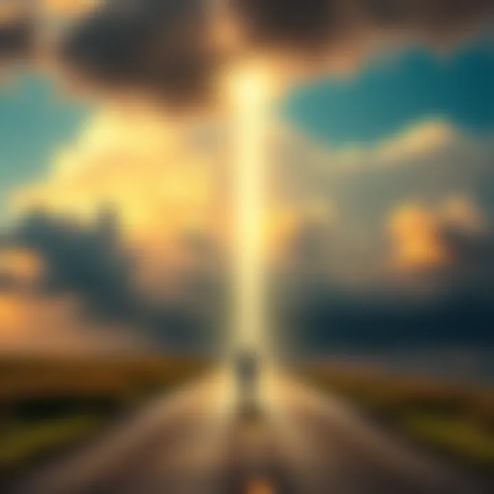 A person standing at a crossroads, looking up at a cloudy sky with a beam of light shining down, symbolizing the debate over divine justice and accountability.