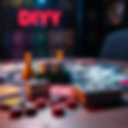 A colorful tabletop display featuring dice, betting cards, and player tokens for the DIY game Plug