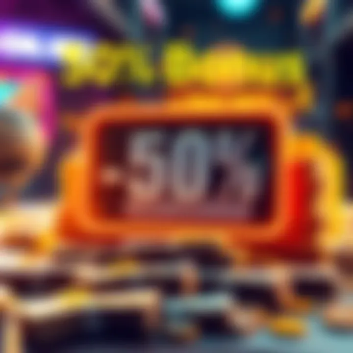 A graphic showing a 50% bonus sign alongside stacks of money, representing a promotional offer for doubling winnings.