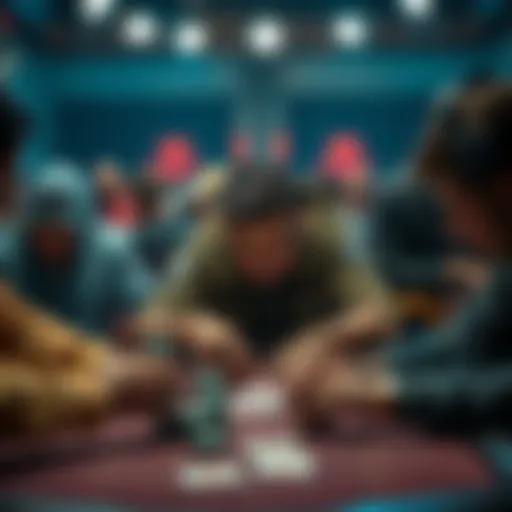 Dnegs focused on his cards at a high-stakes poker table, surrounded by intense opponents.