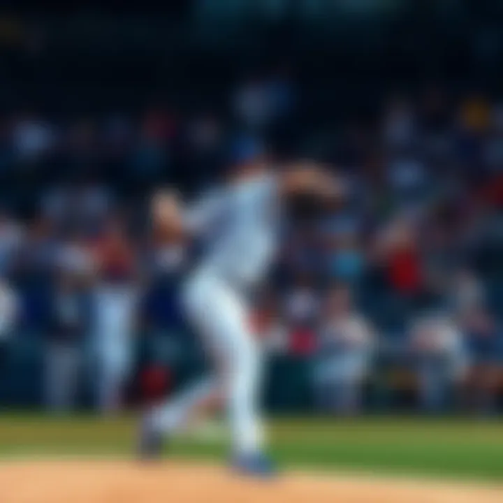 Dodgers Game Strategy A baseball player in Dodgers uniform pitching during a game, with fans cheering in the stands, reflecting excitement and tension of betting decisions.