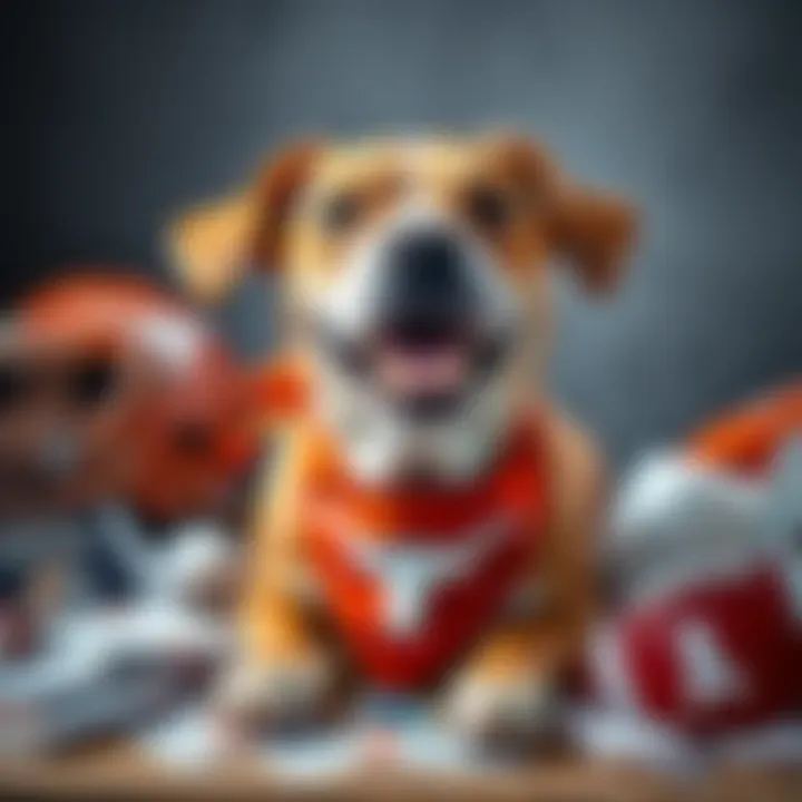 A happy dog wearing a Longhorns bandana, surrounded by betting slips and football memorabilia.