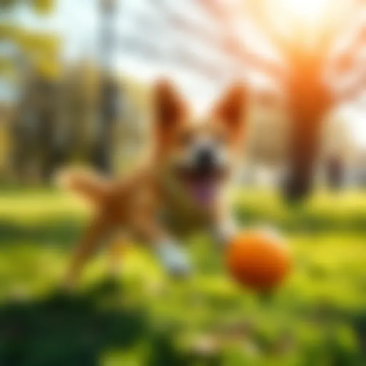 Happy dog running to fetch a ball in a sunny park setting